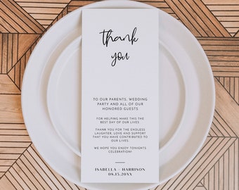 WILLOW Wedding Table Thank You Card Template Modern Minimalist Napkin Thank You Printable Place Setting Thank You Editable