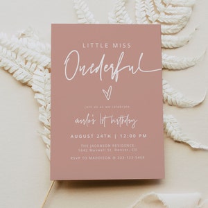 MARLO Bohemian Blush Little Miss Onederful Birthday Invitation Template Modern Boho Girl 1st Birthday Invite Printable