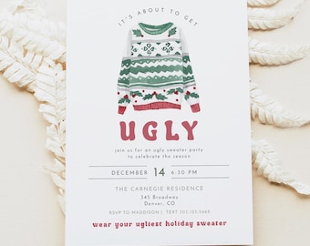 May include: Invitation to an ugly sweater party on December 14th at 6:30 PM. The party will be held at The Carnegie Residence, 345 Broadway, Denver, CO. RSVP to Maddison by text at 303-123-5468. Wear your ugliest holiday sweater.