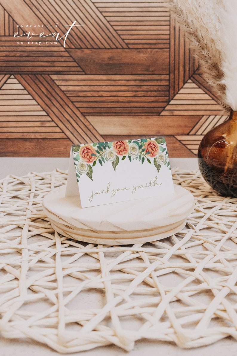 rustic peachy orange and white floral thanksgiving dinner place card template from UnmeasuredEvent on Etsy