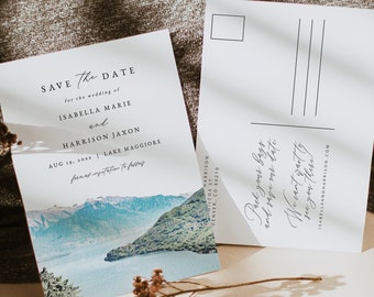 以下が含まれることがあります： 水彩画で描かれた山の湖のイラストが載った、結婚式の「Save the date」のポストカード。テキストには「Save the Date for the wedding of Isabella Marie and Harrison Jaxon Aug 19, 20XX Lake Maggiore」と書いてあります。