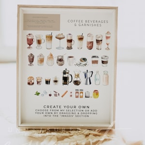 Pu&ograve; includere: Un menu da bar per il caff&egrave; stampabile con illustrazioni ad acquerello di bevande al caff&egrave; e guarnizioni. Il menu include istruzioni per creare la tua bevanda al caff&egrave; trascinando e rilasciando le immagini nella sezione 'Immagini'. Il testo del menu recita 'Bevande al caff&egrave; e guarnizioni' e 'Crea la tua'.