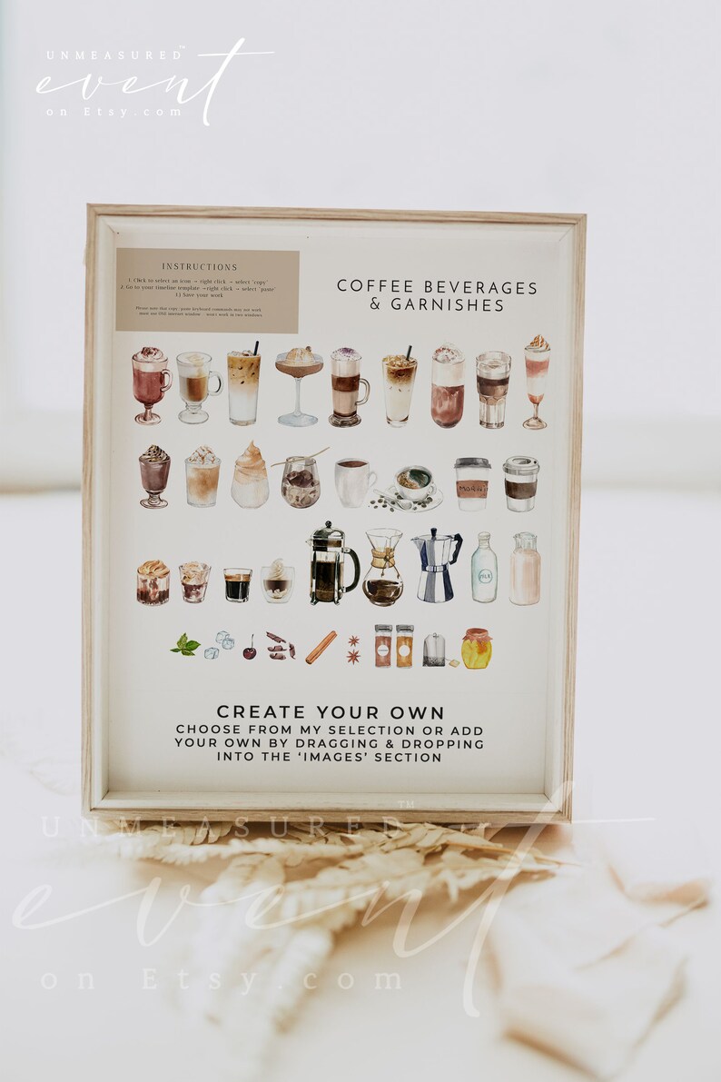 Pu&ograve; includere: Un menu da bar per il caff&egrave; stampabile con illustrazioni ad acquerello di bevande al caff&egrave; e guarnizioni. Il menu include istruzioni per creare la tua bevanda al caff&egrave; trascinando e rilasciando le immagini nella sezione 'Immagini'. Il testo del menu recita 'Bevande al caff&egrave; e guarnizioni' e 'Crea la tua'.