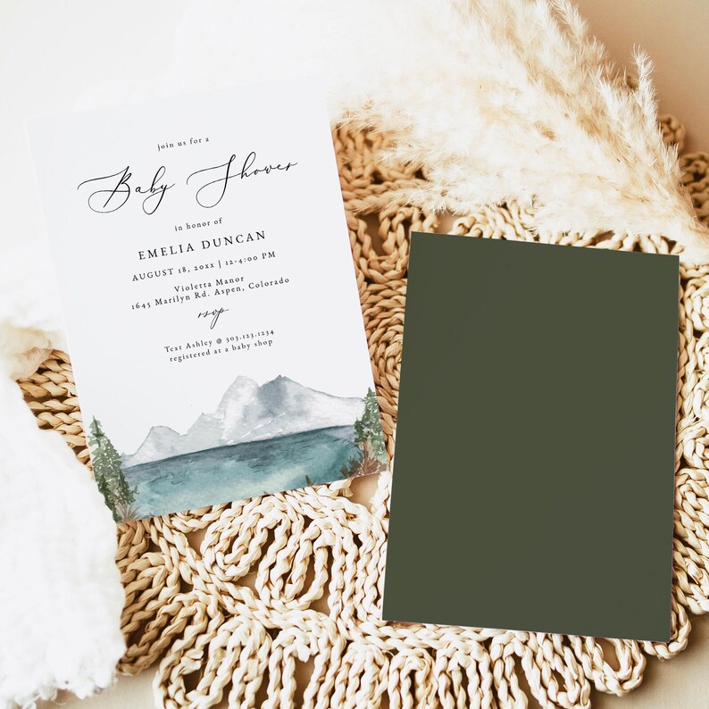 Mountain Baby Shower Invitation Template, Mountain Lake Baby Shower Invite, Boho Baby Shower Invite, Forest Baby Shower Invites DIY CLOVER image 2