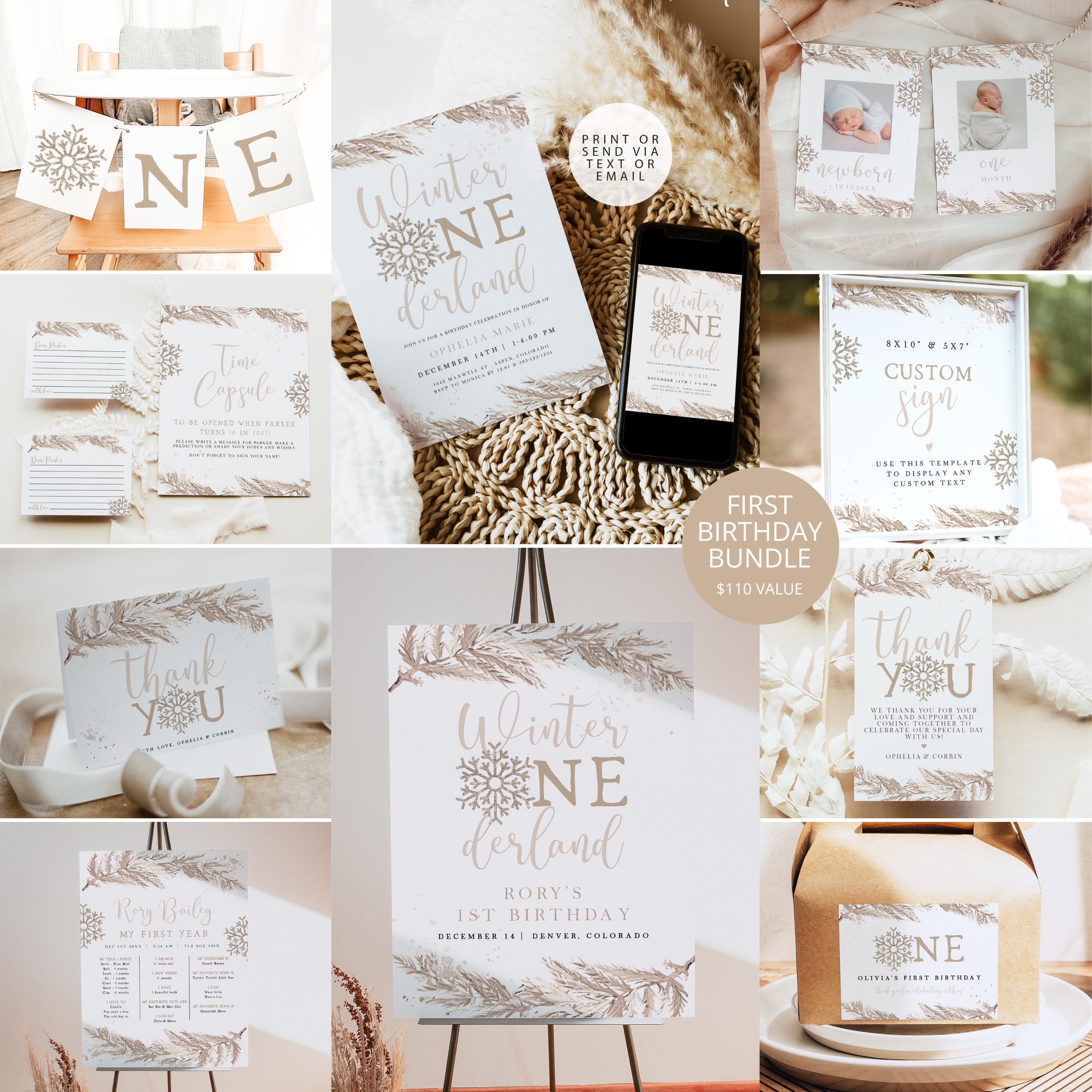 RORY Beige Winter Onderland Birthday Bundle, Snowflake Birthday Invitation Bundle, Christmas First Birthday Party Kit, 1st Birthday Set