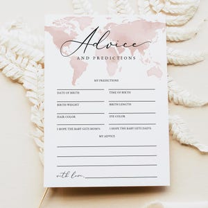 Tarjeta de consejos y predicciones para bebés de CARMEN, tarjetas de consejos para baby shower de aventuras, plantilla de tarjetas de consejos para baby shower de niña con mapa rosa ruborizado para imprimir