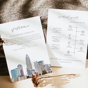 CHARLOTTE Wedding Welcome Letter Template, Charlotte North Carolina Skyline Wedding Timeline Printable, Destination Wedding Schedule