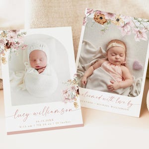 Floral Birth Announcement Template, Girl Birth Announcement, Photo Newborn Card, Mauve Floral Baby Stats Card, New Baby Announcement LUCY