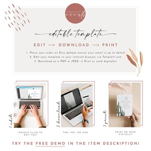 May include: A digital template for an invitation or announcement. The template features a cactus design with a minimalist aesthetic. The text on the template reads "Save the Date". The image shows a computer screen with the template open, a phone screen with the template open, and a printed version of the template.