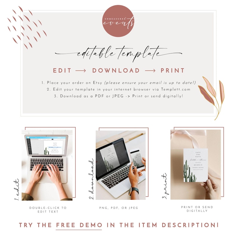 May include: A digital template for an invitation or announcement. The template features a cactus design with a minimalist aesthetic. The text on the template reads "Save the Date". The image shows a computer screen with the template open, a phone screen with the template open, and a printed version of the template.