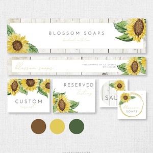 EMMA Etsy Branding Kit, Sunflower Etsy Shop Banner Set Instant Download, Rustic Etsy Shop Graphics, Yellow Floral Barn Etsy Branding Kits