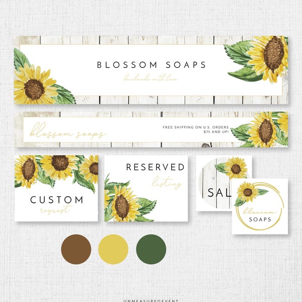 EMMA Etsy Branding Kit, Sunflower Etsy Shop Banner Set Instant Download, Rustic Etsy Shop Graphics, Yellow Floral Barn Etsy Branding Kits