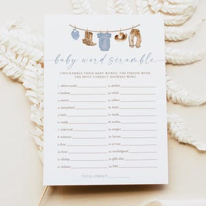 Modello di gioco Baby Shower Baby Word Scramble, Giochi Baby Shower Cowboy, Piccolo Cowboy in arrivo, Giochi Dusty Blue Baby Clothesline CLINT