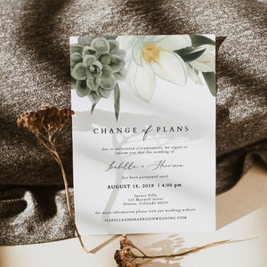 CARA Wedding Postponement Announcement Printable, Succulent Change of Plans, Bohemian Wedding Reschedule, Magnolia Wedding Postponed DIY