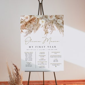 Modèle de carte d'étape CIERA, affiche d'étape importante pour bébé de l'herbe de la pampa, signe ma première année, signe de premier anniversaire bohème, Boho pampa sèche bricolage