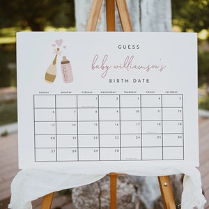 ANDI Blush Baby Due Date Calendar Game, Poppin&#39; Bottles Guess The Due Date Calendar, Girl Baby Shower Prediction Sign Pink Champagne Instant
