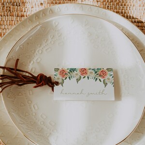 rustic peachy orange and white floral thanksgiving dinner place card template from UnmeasuredEvent on Etsy