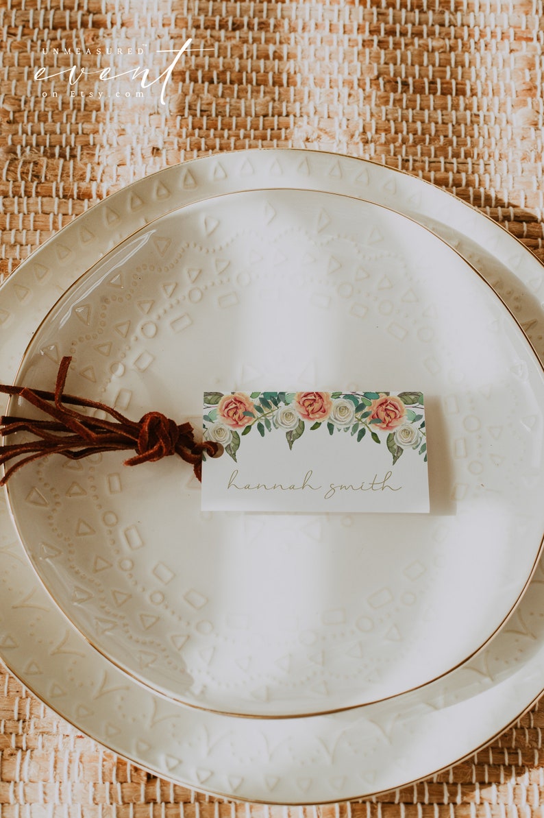 rustic peachy orange and white floral thanksgiving dinner place card template from UnmeasuredEvent on Etsy