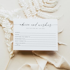 Modello di biglietto di auguri e consigli per gli sposi novelli sposi, giochi stampabili per la festa della sposa, attività moderna e minimalista per la festa della sposa, festa della sposa boho