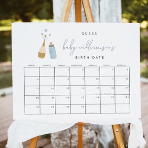 ANDI Blue Baby Due Date Calendar Game, Poppin&#39; Bottles Guess The Due Date Calendar, Boy Baby Shower Prediction Sign Dusty Blue Champagne