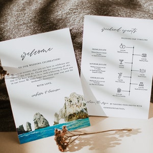 Modelo de carta de boas-vindas para casamento em CABO, modelo de cronograma de casamento, ordem de serviço para casamento para impressão, evento de dia de casamento em Cabo México, boas-vindas
