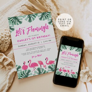 OAKLEY Flamingo 1st Birthday Invitation Template, Flamingo Birthday Invitation, Let&#39;s Flamingle Birthday Invite, Tropical Beach Palm Leaf