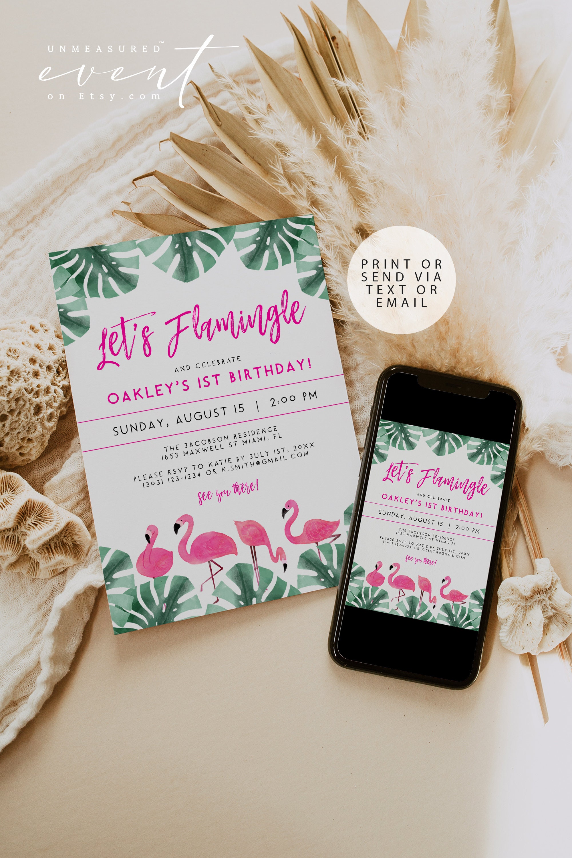 OAKLEY Flamingo 1st Birthday Invitation Template Flamingo Birthday Invitation Lets Flamingle Birthday Invite Tropical Beach