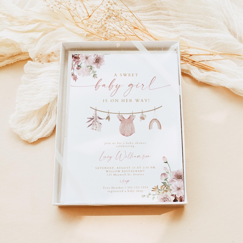 PRINTED + SHIPPED Boho Baby Shower Invitation, Sweet Baby Girl Shower Invite, Dusty Rose Clothesline Baby Shower Invitation LUCY image 3