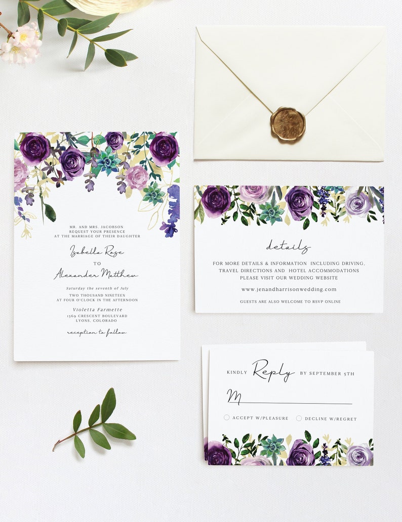 OLIVIA Succulent Wedding Invitation Suite Templates, Purple Wedding Invitation, Boho Wedding Invites, Desert Wedding Invitation Templett image 9