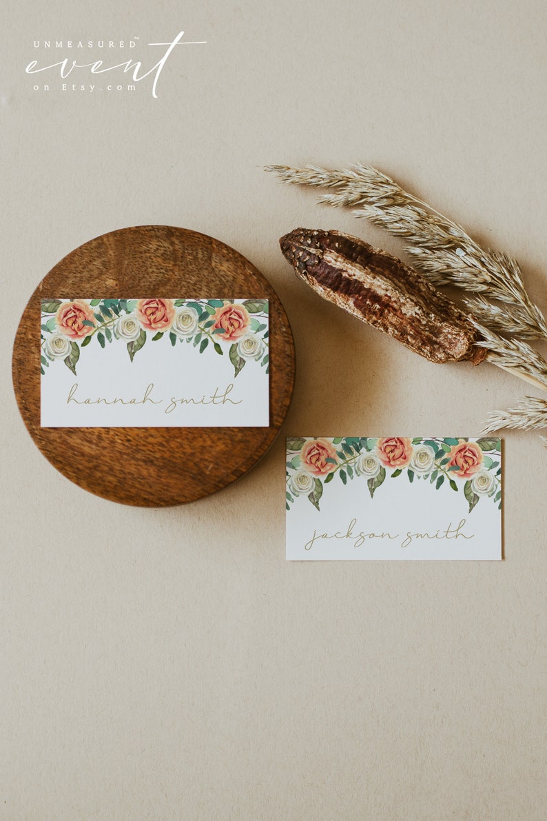 rustic peachy orange and white floral thanksgiving dinner place card template from UnmeasuredEvent on Etsy