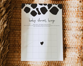 BRYNDLE Baby Shower Bingo Game Printable, Cow Print Baby Shower Game Printable Template, Gender Neutral Simple and Clean Farm Baby Instant