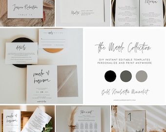 MARLO Wedding Template Bundle Instant Download, Modern Minimalist Wedding Invitation Set, Simple Boho Wedding Signs and Cards Template