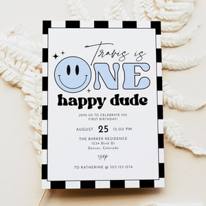 TRAVIS One Happy Dude Birthday Invitation Template, Happy Face Birthday Invite Printable, Emoji Birthday Invitation, Rock and Roll Birthday