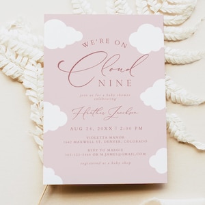 May include: Pink baby shower invitation with white clouds and the text "We're on Cloud Nine" in a pink script font. The invitation includes the date, time, location, and RSVP information for a baby shower celebrating Heather Jacobson.