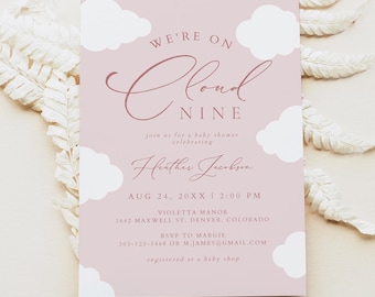 CAPRICE Cloud Nine Baby Shower Invitation Template, Cloud Baby Shower Invite Printable, Blush Pink Cloud Invitation, Girl Baby Shower Evite