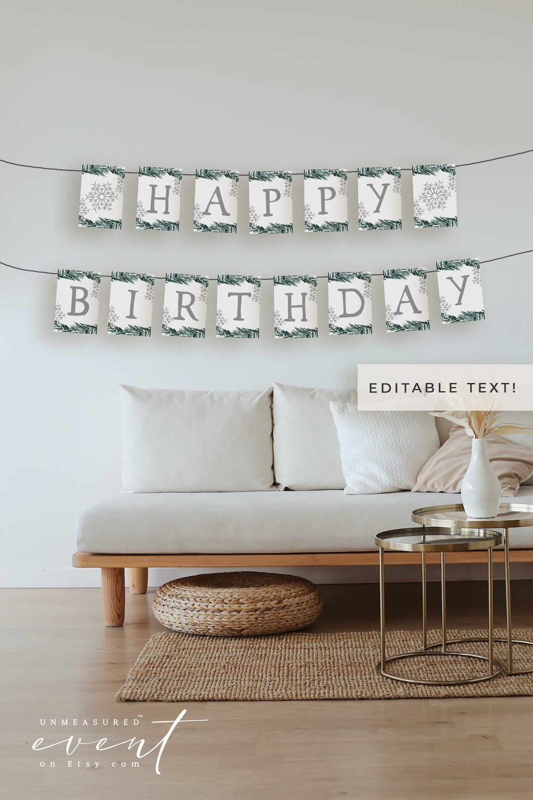 Sjabloon voor spandoek RORY winter gelukkige verjaardag, bevroren  sneeuwvlokken verjaardag banner afdrukbaar, bosgroen verjaardagsgors banner  welkomstbord - Etsy België, image size:1080x1620