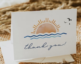 OCEANSIDE Surf Thank You Card Template, Tropical Thank You Card Printable, Watercolor Ocean Sunset Thank You Note, Beach Thank You Card DIY