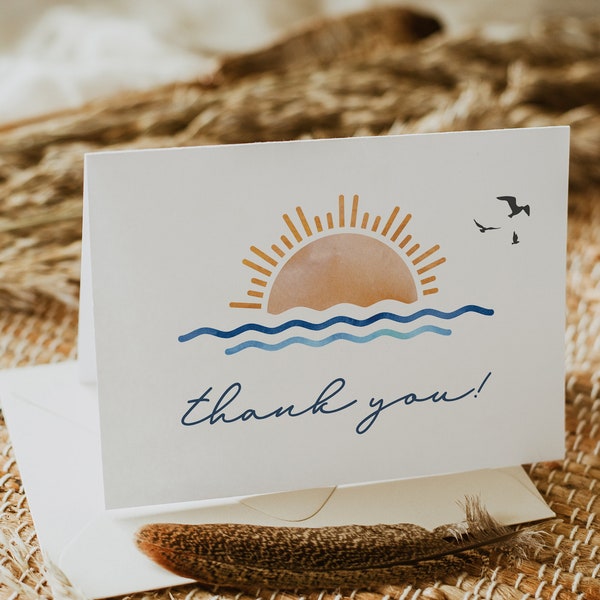 OCEANSIDE Surf Thank You Card Template, Tropical Thank You Card Printable, Watercolor Ocean Sunset Thank You Note, Beach Thank You Card DIY