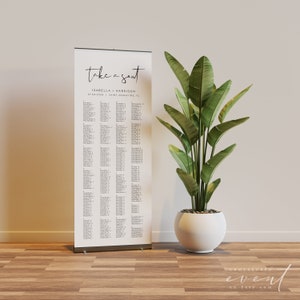 Modelo de gráfico de assentos de casamento minimalista ADELLA, gráfico de assentos de banner enrolável, gráfico de assentos retrátil DIY editável, assentos longos modernos