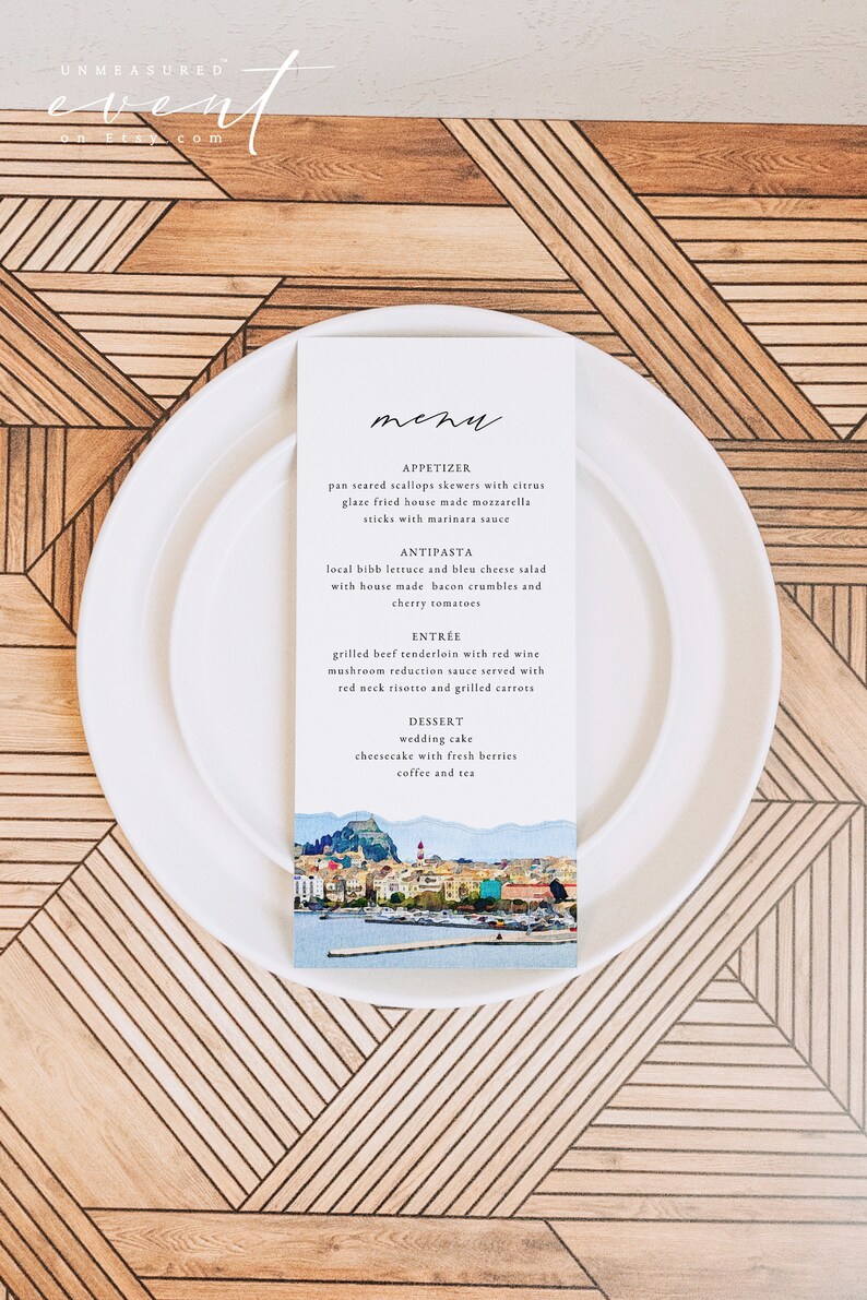 CORFU Wedding Menu Template, Corfu Skyline Table Menu Cards, Corfu Greece Watercolor Dinner Menu, Greek Wedding Menu Instant Editable image 3