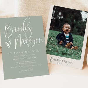 JOLIE First Birthday Invitation Template, Sage Birthday Invite Instant Download, Dusty Green Photo 1st Birthday Invitation, Boy Birthday DIY