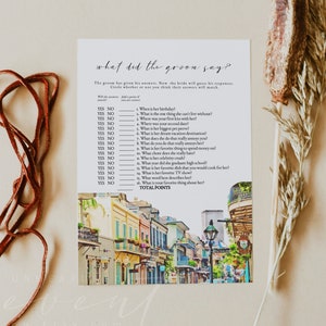 NOLA Qu'est-ce que le marié a dit jeu de douche nuptiale, aquarelle Bourbon Street, jeux de Louisiane, douche nuptiale de la Nouvelle-Orléans
