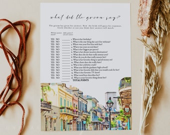 NOLA Cosa ha detto lo sposo? Gioco per la festa nuziale, Giochi della Louisiana nel quartiere francese di Bourbon Street con acquerello, Festa nuziale istantanea a New Orleans