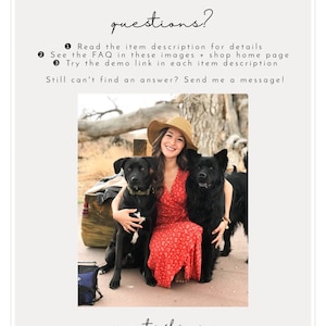May include: A woman wearing a red floral dress and a brown hat is sitting on the ground with two black dogs. The dogs are sitting on either side of her and she is holding them with her arms. The text "xo, tashina" is written below the image. The text "Photo starring my rescue pups, Molson & Bear. Can you guess who is who? :D" is written below the text "xo, tashina".