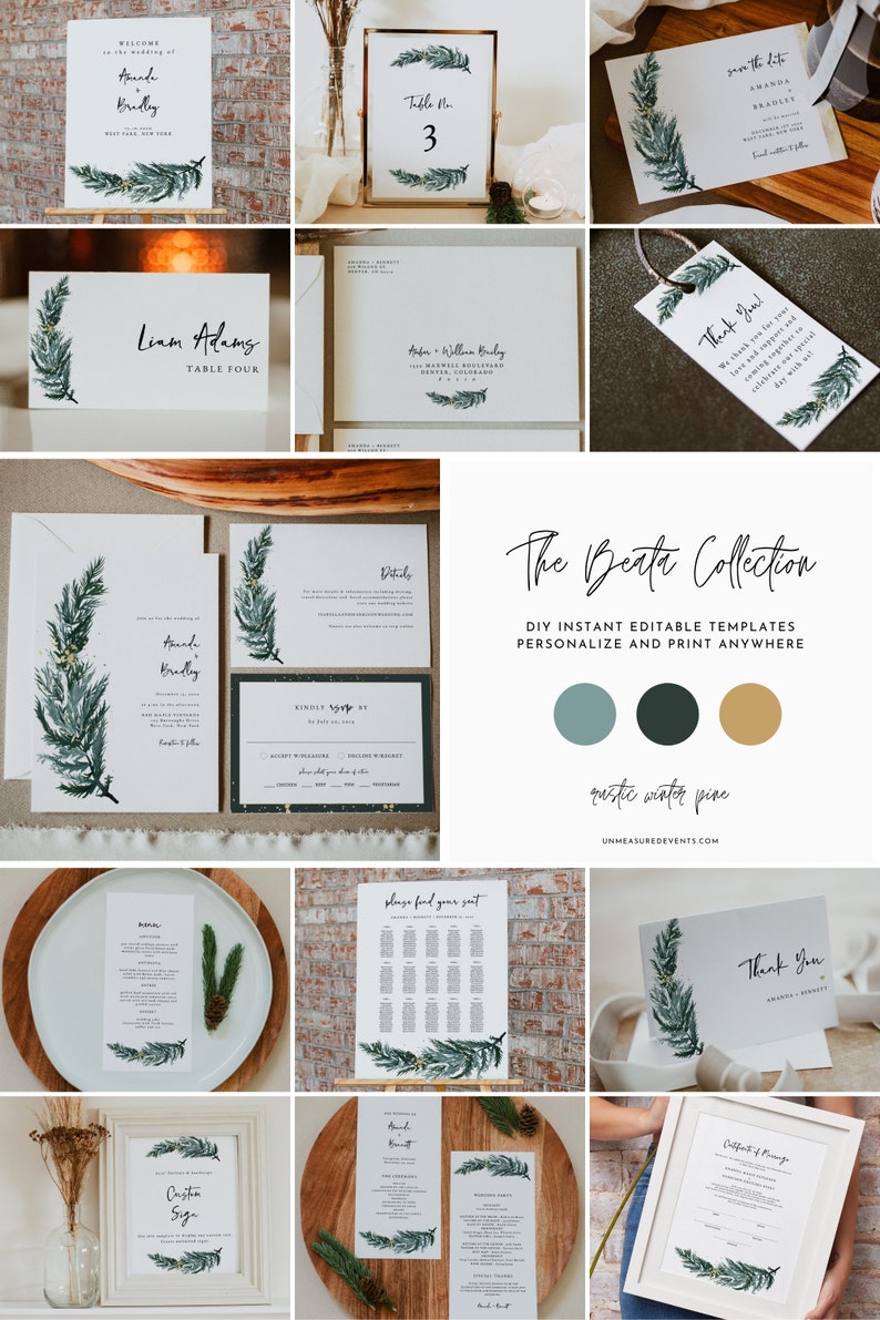 Wedding Bundle Forest Wedding Invitation Kit Instant Holiday Wedding Christmas Wedding Invitation BEATA Winter Pine Wedding Invitation