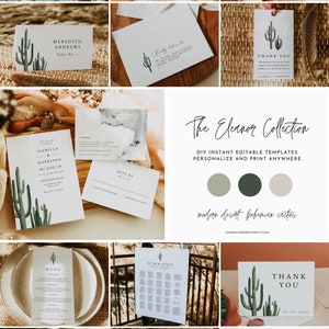ELEANOR Cactus Wedding Bundle, modello di invito per matrimonio nel deserto, invito per matrimonio boho stampabile, boho autunno moderno minimalista fai da te