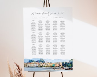 CORFU Seating Chart Template, Greece Destination Wedding Seating Chart Sign, Wedding Seating Chart, Table Seating Chart, Travel Skyline