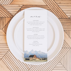 Modelo de Cardápio JACKSON HOLE, Cardápios de Casamento, Cardápio de Casamento para Imprimir, Cardápio de Casamento em Destino, Cardápio de Casamento em Viagem, Casamento na Montanha