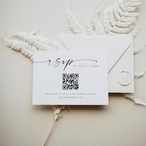 Plantilla de tarjeta RSVP con código QR moderno de BLAIR, tarjeta RSVP imprimible, tarjeta de respuesta de boda minimalista, tarjeta de inserción RSVP simple en el sitio web de la boda