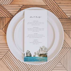 CABO Wedding Menu Template, Watercolor Cabo Skyline Wedding Menu Cards, Mexico Destination Wedding Menu Printable Travel Themed Adventure
